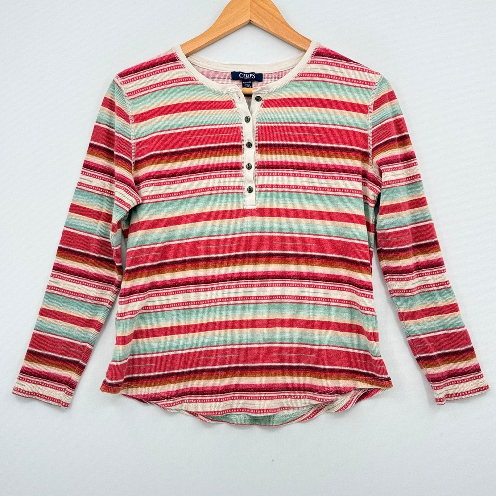 Chaps Henley Top Womens XL Petite Red Multi Striped Waffle Knit Earthy Cabin